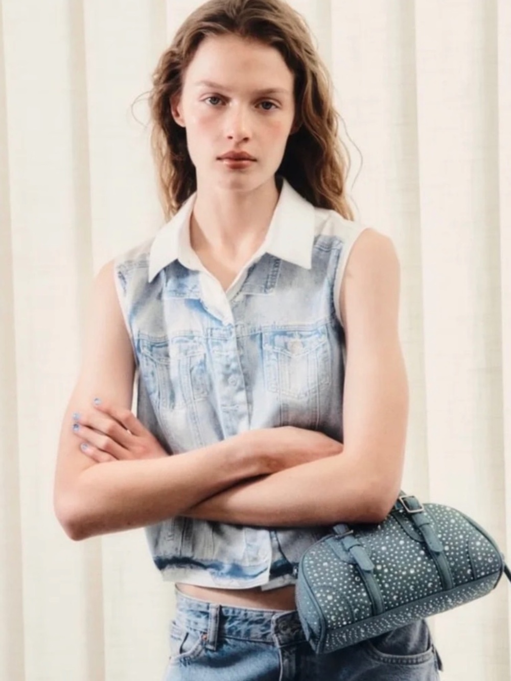 ZARA Rhinestone Denim Bag Buckles Crossbody Shoulder Bag